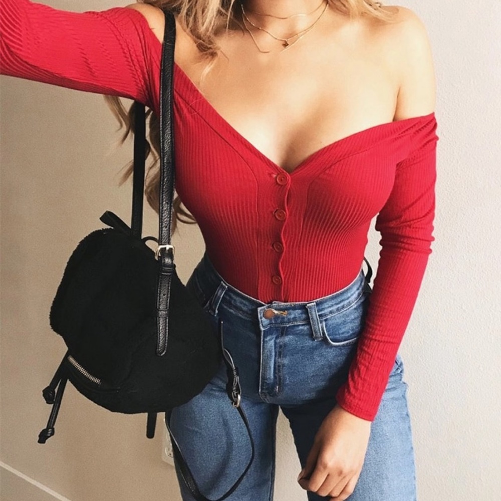 Button Down Off Shoulder Body Suit Shirt